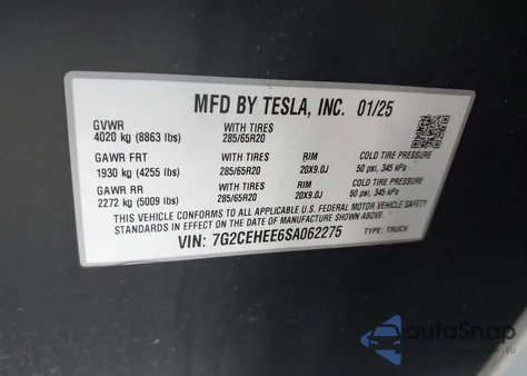 2025 Tesla Cybertruck Cyberbeast z USA, uszkodzony, nr VIN 7G2CEHEE6SA062275